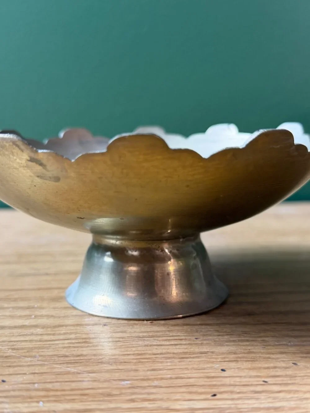 Vintage Hand Etched Brass Pedestal Bowl Scalloped Rim India 5.5” Compote